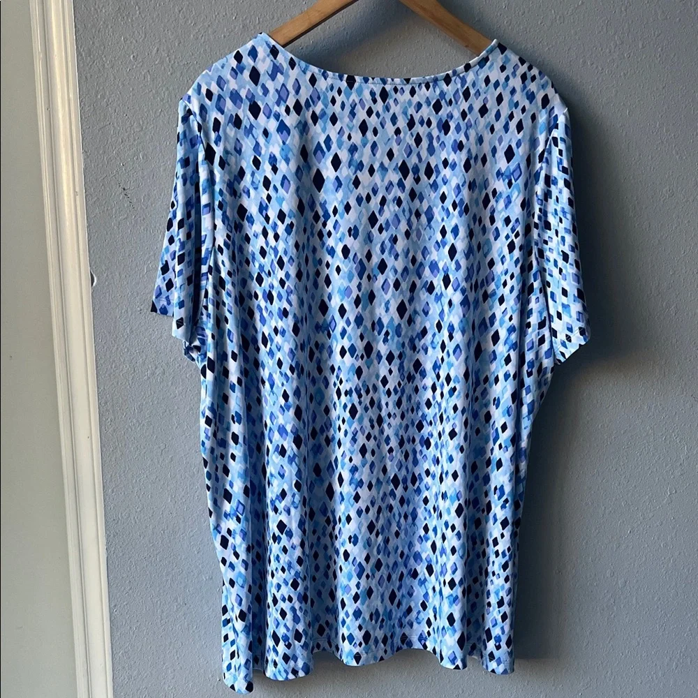 Susan Graver Blue and White Geometric Blouse - Picture 4 of 5